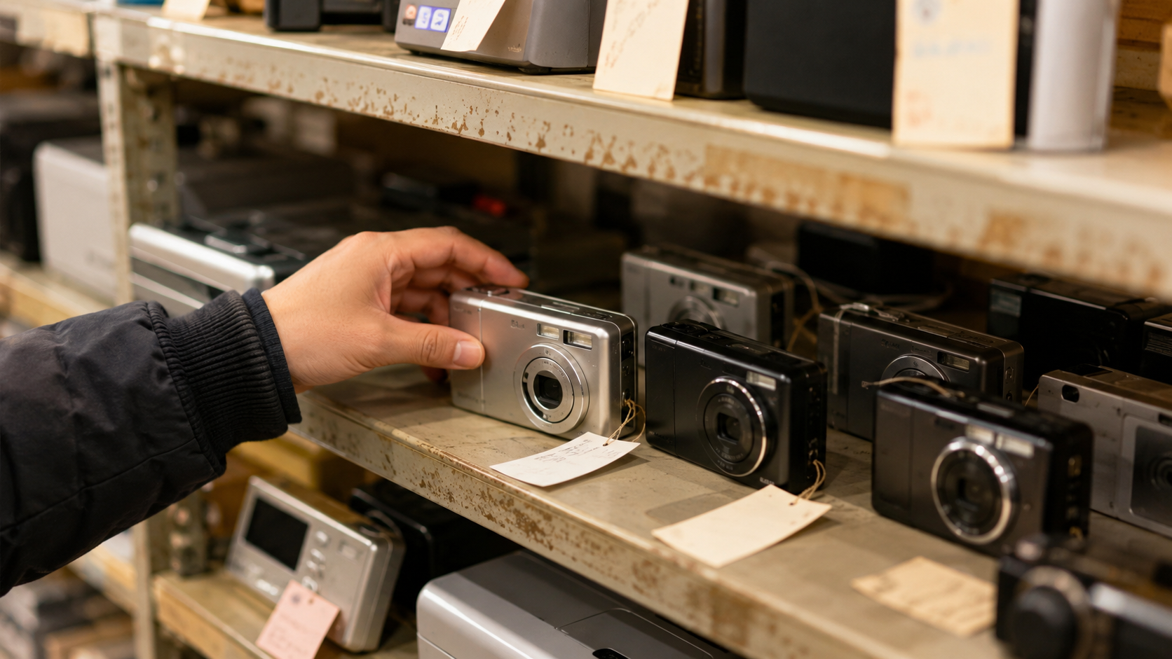 ハードオフのジャンクコーナーで中古カメラを物色しているイメージ
