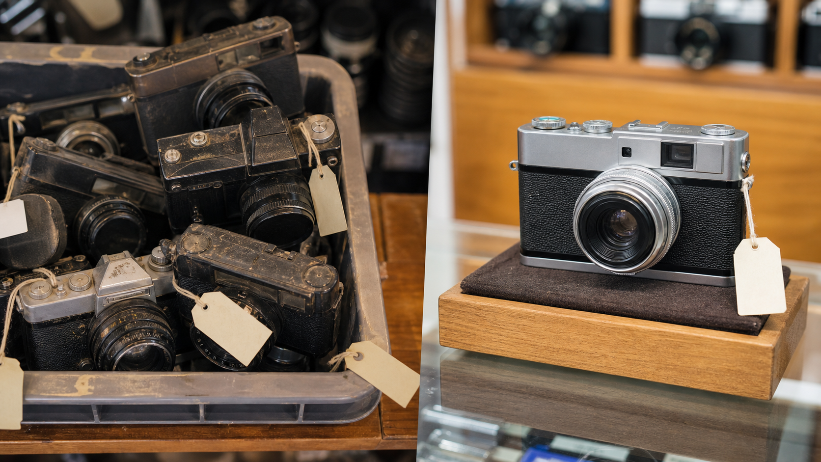 投げ売りされている数百円のフィルムカメラと、ちゃんと値段がついているフィルムカメラの比較イメージ