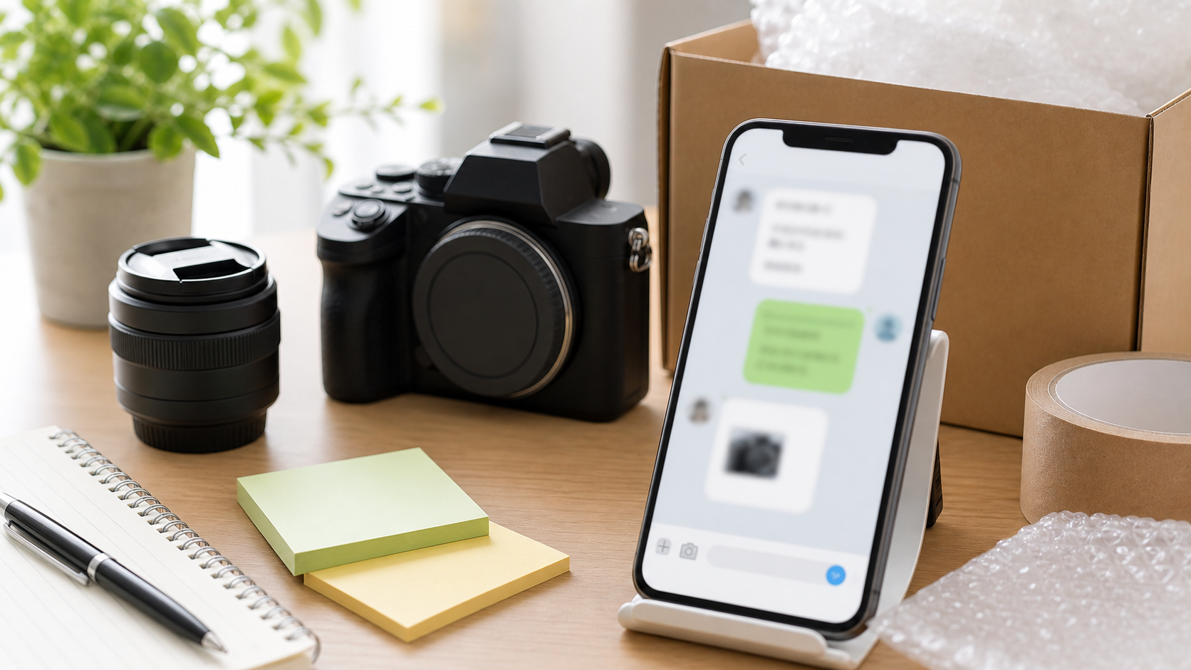 スマホに値下げ交渉コメントが届くカメラ転売のイメージ