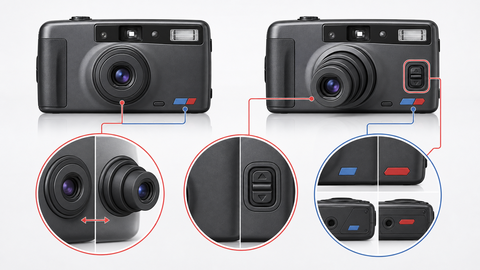 単焦点モデルとズームモデルをレンズ形状やズームスイッチ、型番表示の位置で見分ける図解