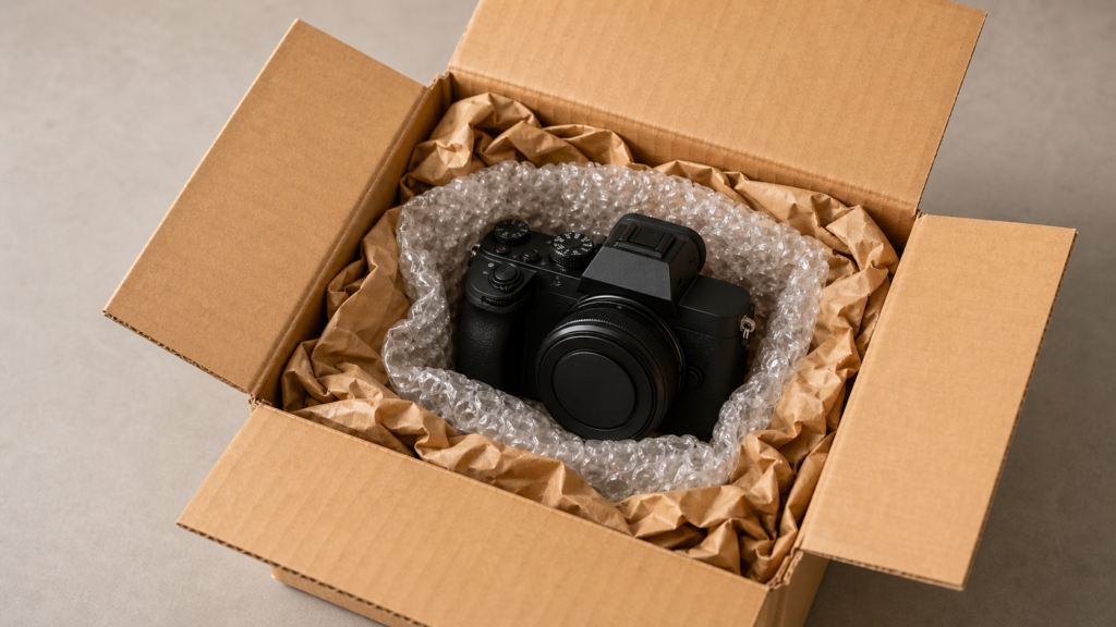 中古カメラを梱包した配送用段ボール