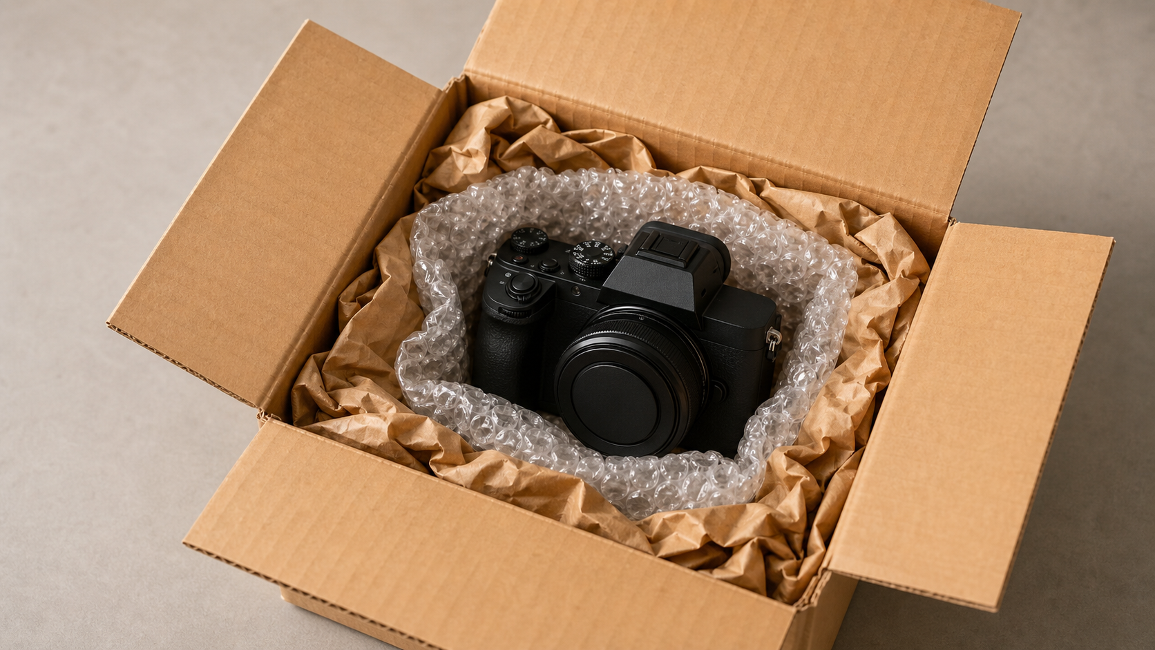 中古カメラを梱包した配送用段ボール