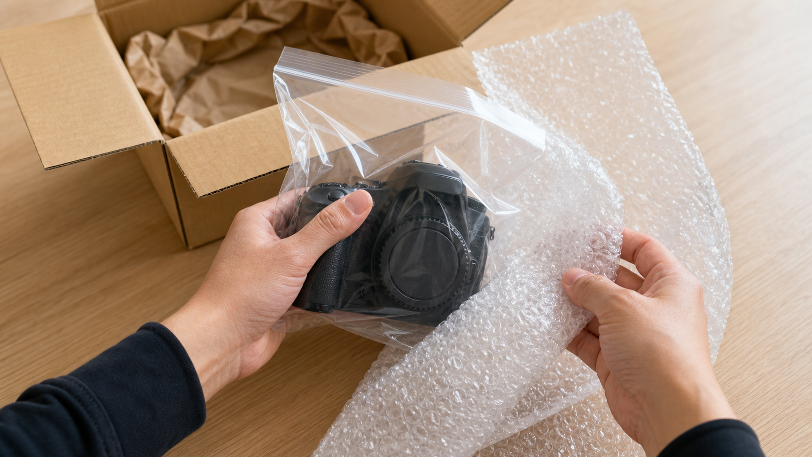 中古カメラをキッチンパックとプチプチで二重に包む様子