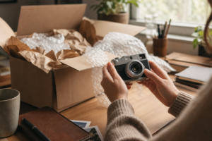 ネット仕入れで届いたカメラを箱から出して検品している様子