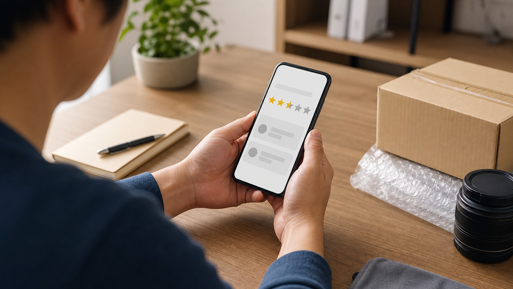 スマホの取引評価画面を見て低評価に向き合う出品者のイメージ