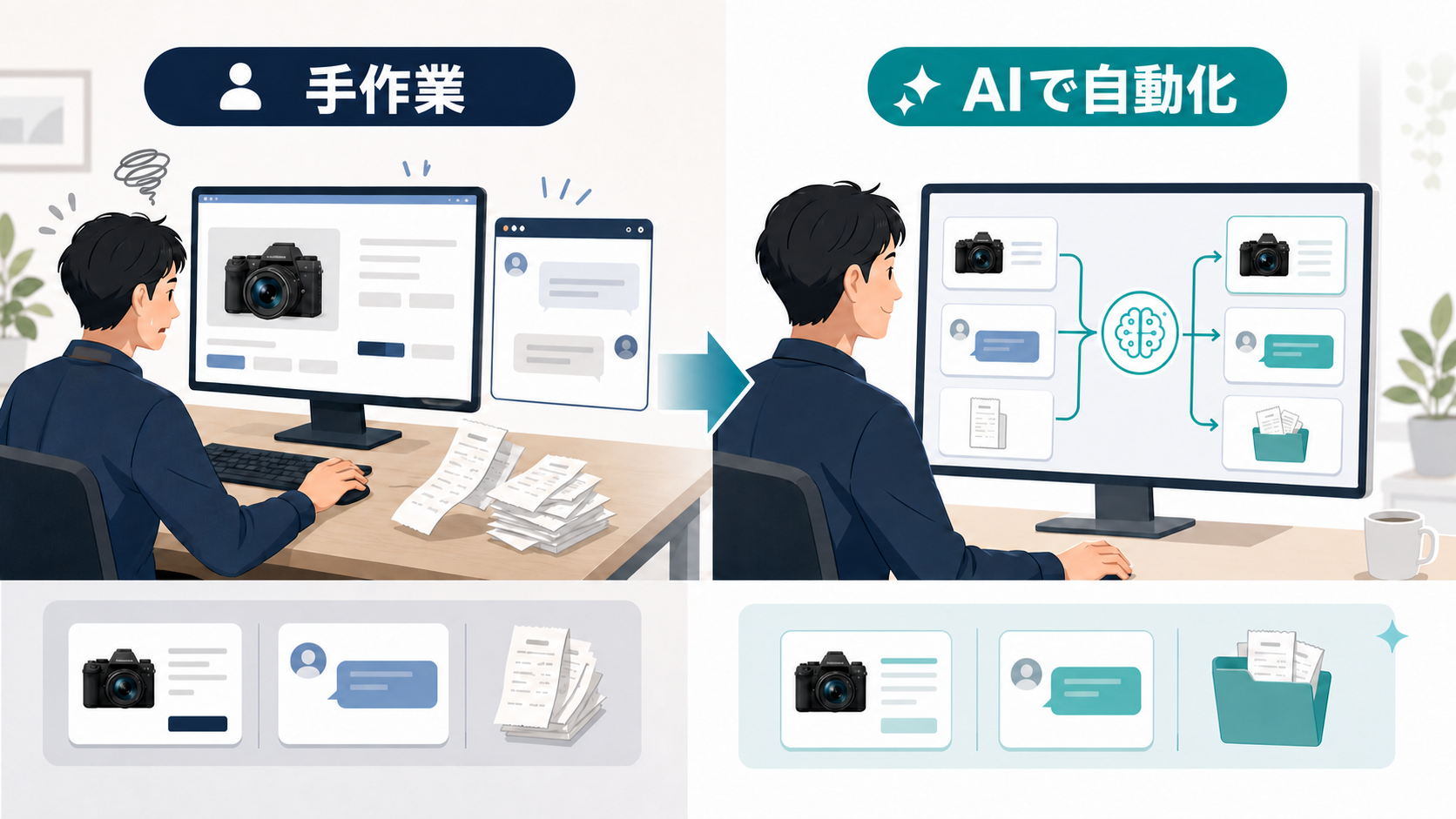商品説明文・問い合わせ返信・領収書収集を手作業とAI自動化で比較した図