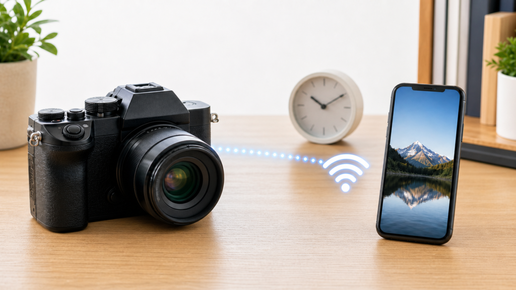 中古カメラからスマートフォンへWi-Fiで写真を転送する様子
