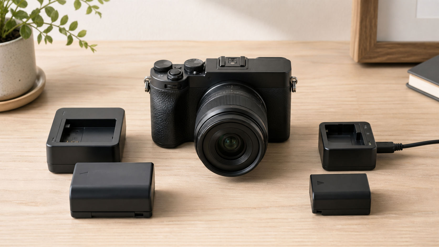純正品と互換品のバッテリー・充電器を並べた中古カメラ