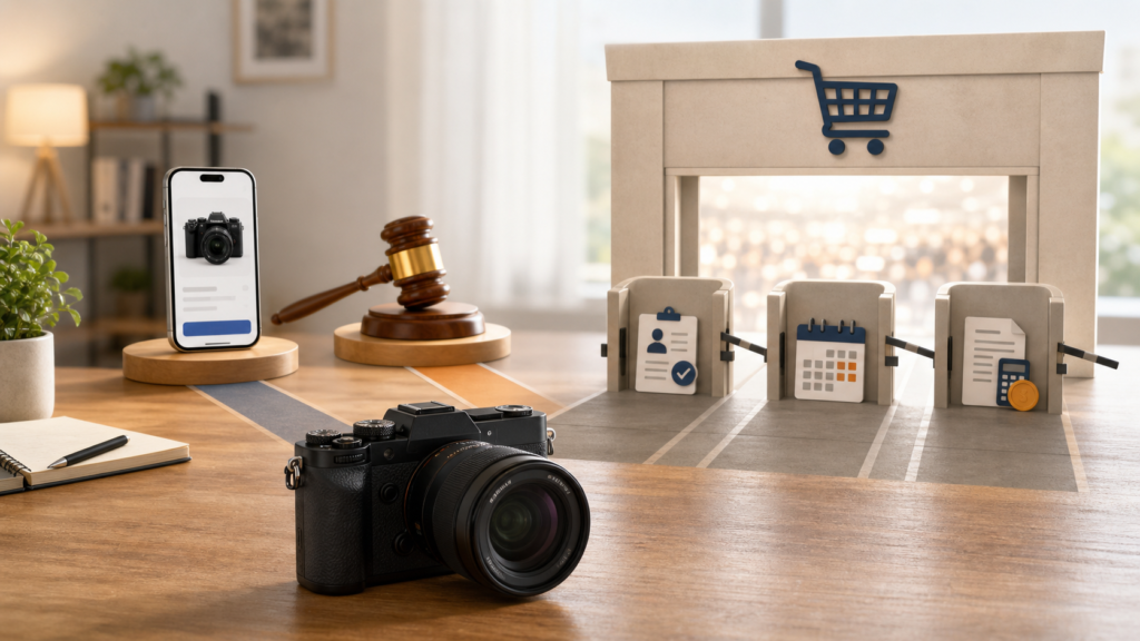 中古カメラをAmazonで販売するときの出品許可・入金待ち・固定費のハードルを表したイメージ