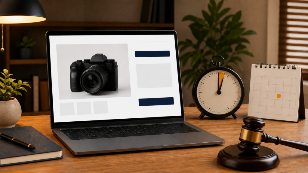中古カメラのネットオークション画面と終了間近の時計・入札予約を表す場面