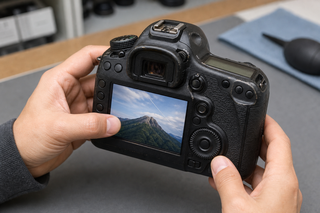 液晶割れと上部のへこみがある中古カメラを仕入れ前に確認する画像