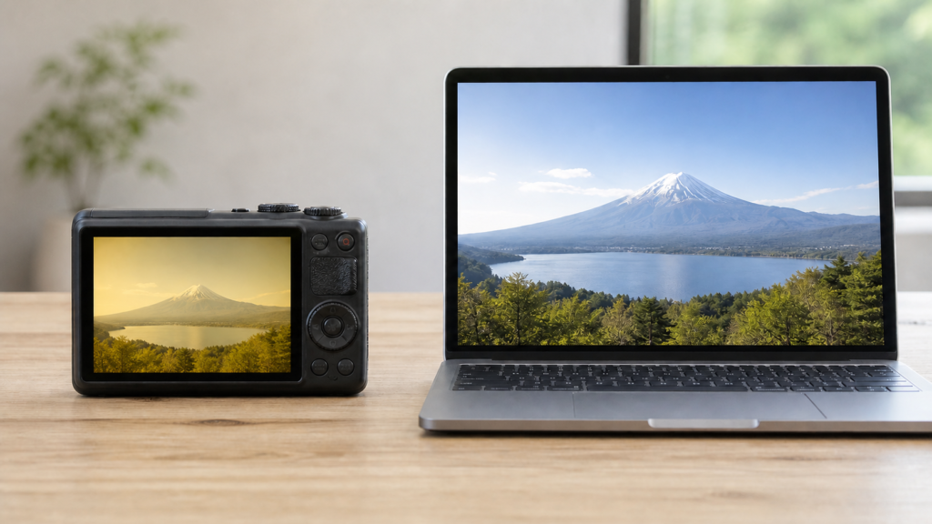 液晶ヤケのある中古カメラと正常な撮影データを表示するパソコン