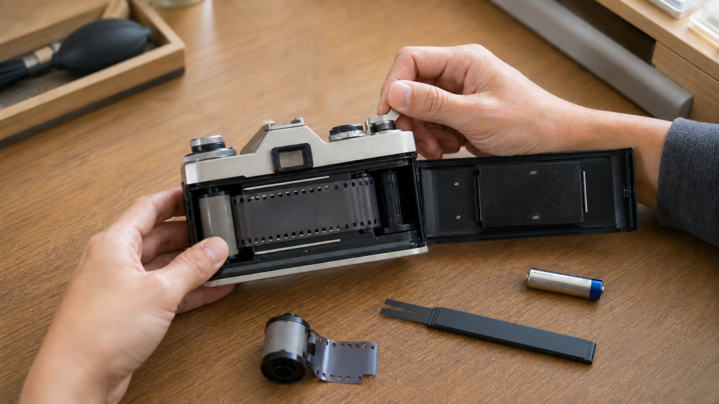フィルムカメラの動作確認を行う検品作業のイメージ