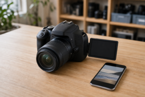 バリアングル液晶を開いた黒い一眼レフカメラとスマートフォン