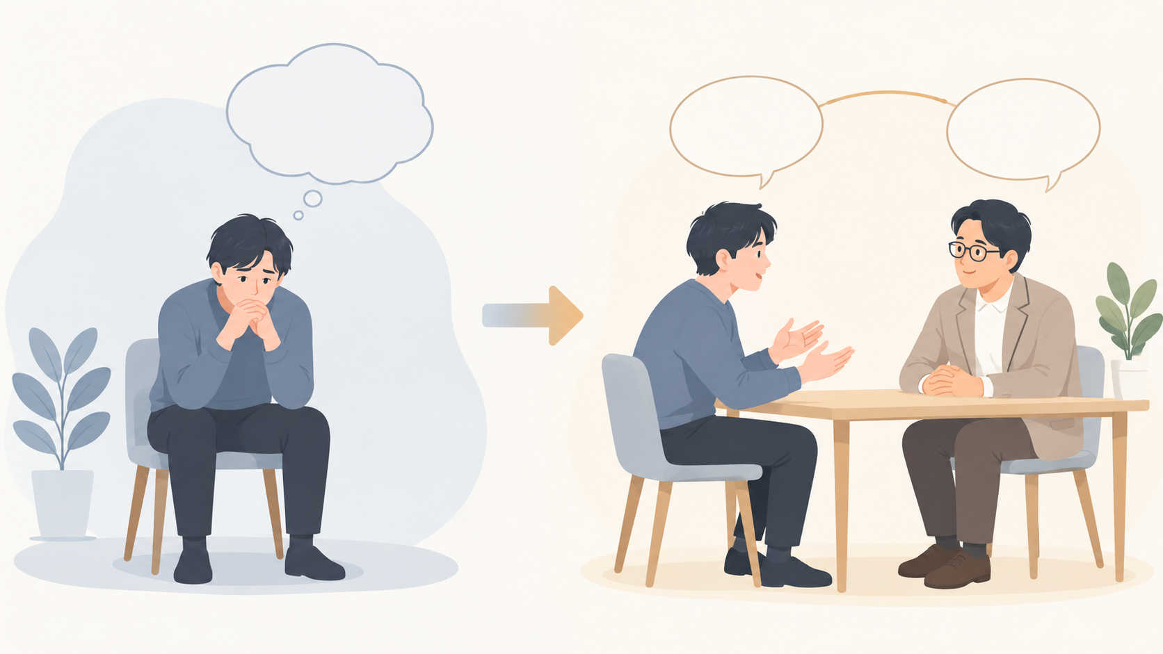 悩みを一人で抱え込む状態と相談相手がいる状態の比較図