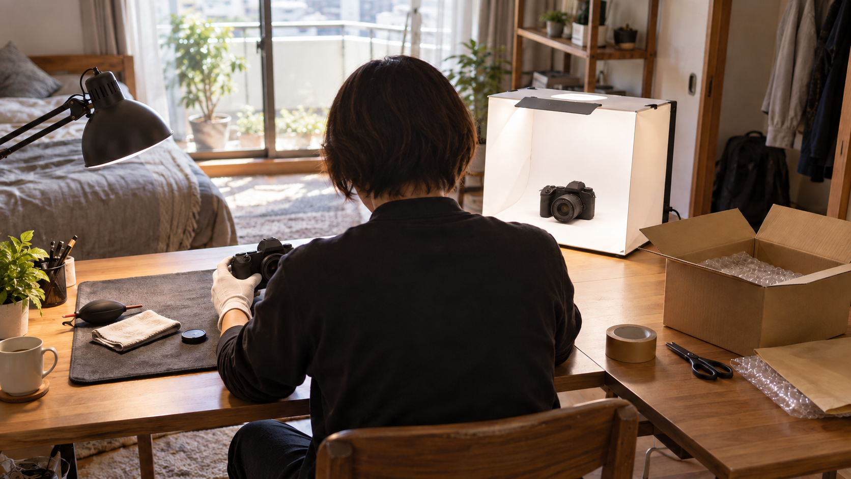 一人暮らしの部屋で中古カメラの検品・撮影・梱包を一人で進める様子