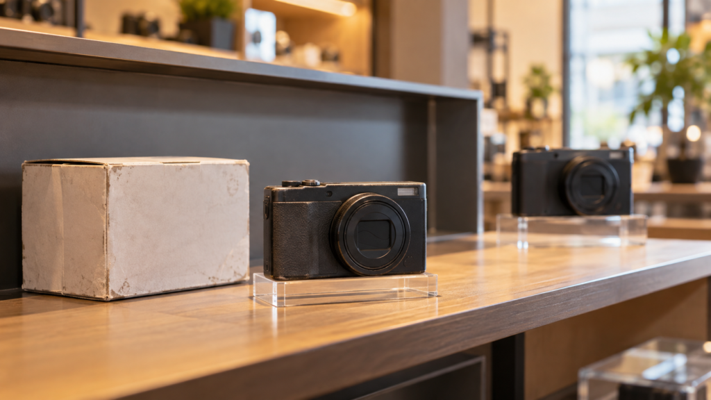 新製品発売後、在庫が少なくなった旧モデルのカメラを店頭で確認するイメージ