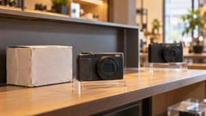 新製品発売後、在庫が少なくなった旧モデルのカメラを店頭で確認するイメージ