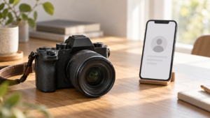 中古カメラと、簡素な出品者プロフィールを表示したスマートフォン
