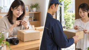 ヤフオクのカメラ発送で、事前に送料を支払う場面と配達時に支払う場面の比較