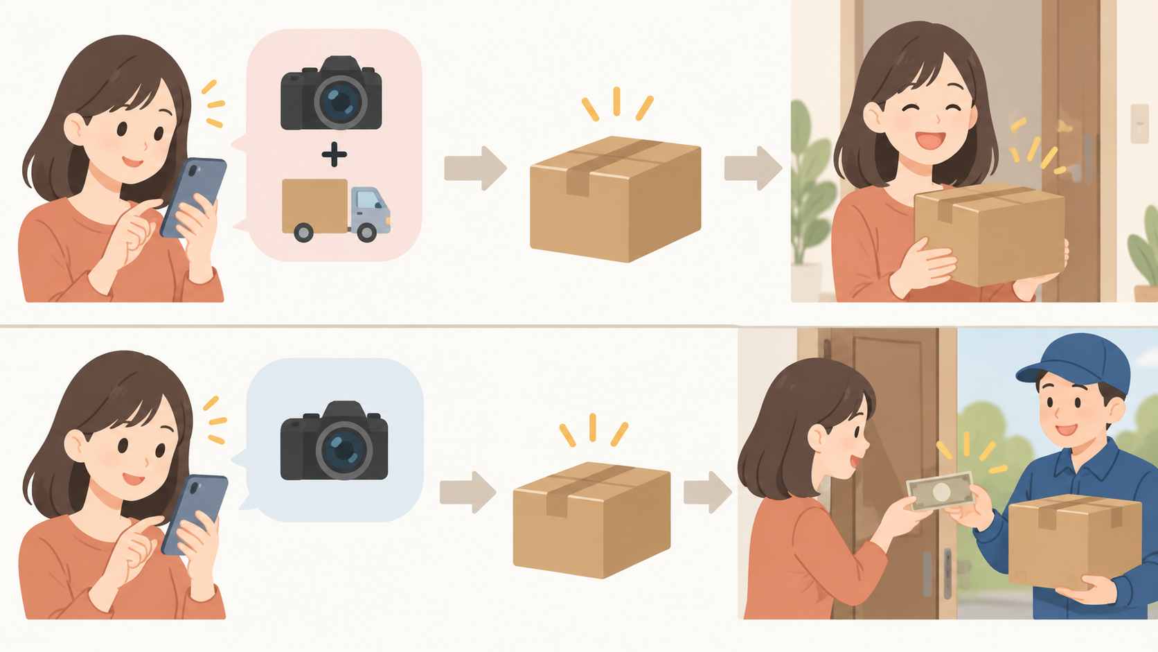 ヤフオクの送料を元払いで落札時に支払う流れと、着払いで受取時に支払う流れの比較図