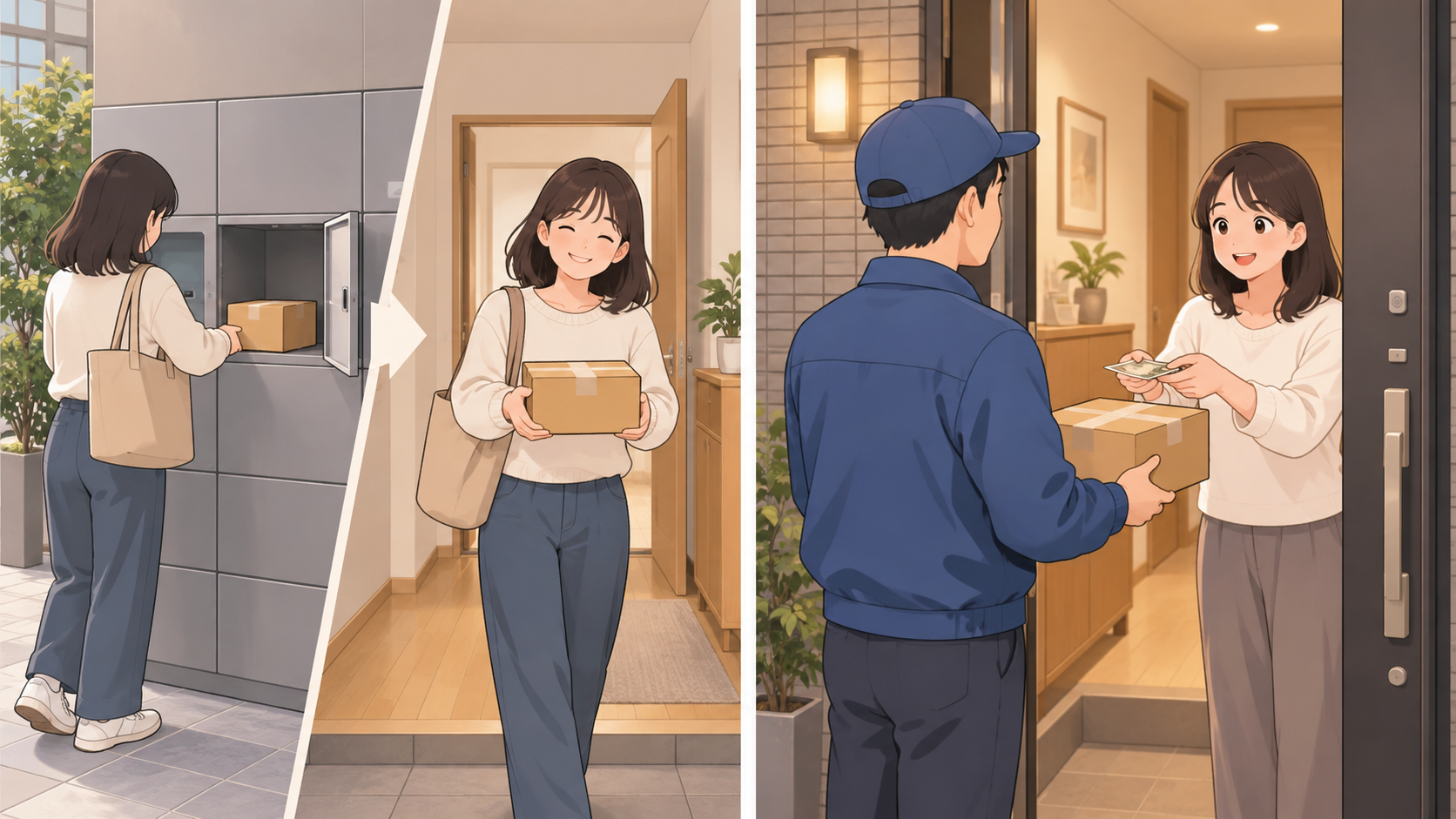 元払いの荷物を宅配ボックスで受け取る場面と、着払いの荷物を在宅して配達員へ支払う場面の比較図