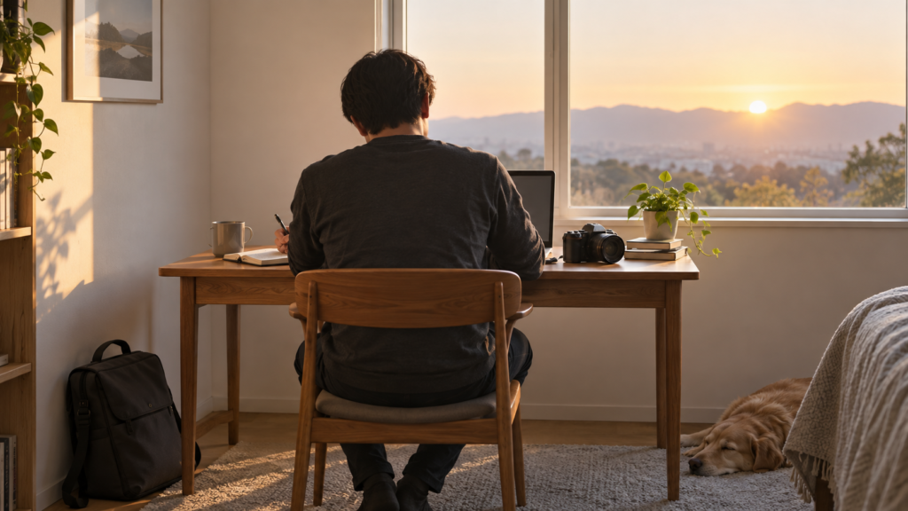 疲れた日も無理のない作業を続けるため、朝の机で副業に向き合う様子