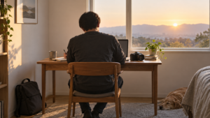 疲れた日も無理のない作業を続けるため、朝の机で副業に向き合う様子