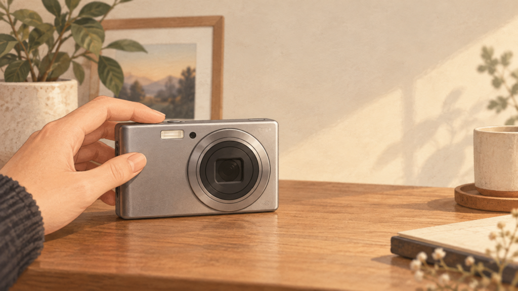 中古コンパクトカメラを手に取って確認する場面のイラスト。PIXPRO C1の仕入れ判断をイメージ。