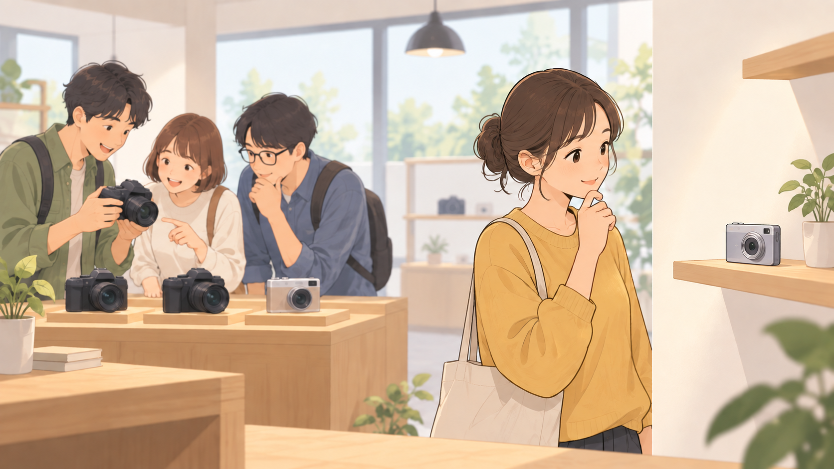 定番カメラを見る人たちから少し離れ、別の棚にあるコンパクトカメラに目を向ける人のイラスト。