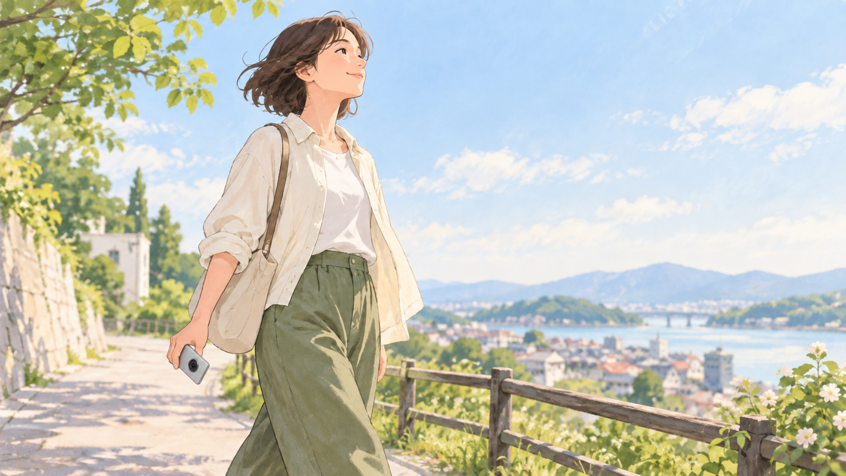 薄いコンパクトカメラを持って散歩する人。画質以外の持ち歩く楽しさを表すイラスト。