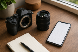 中古カメラの出品タイトルの付け方｜机の上のカメラとレンズと出品画面を開いたスマホ