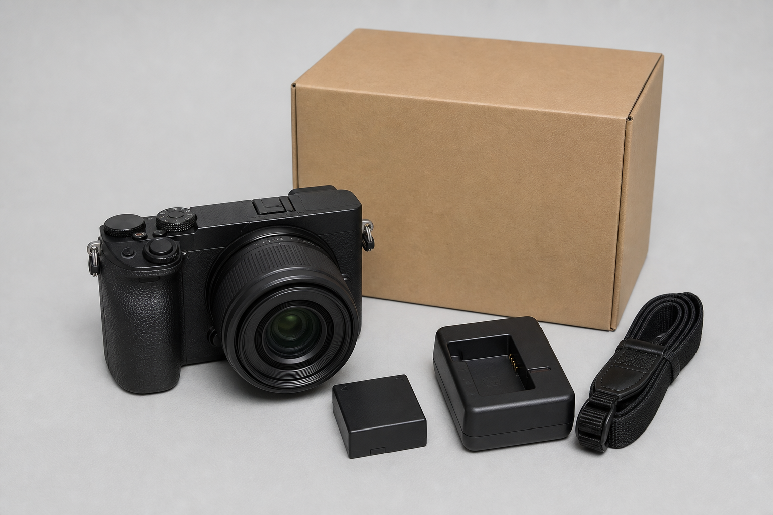 中古のミラーレスカメラを元箱・バッテリー・充電器と並べて撮った出品用の1枚目の写真
