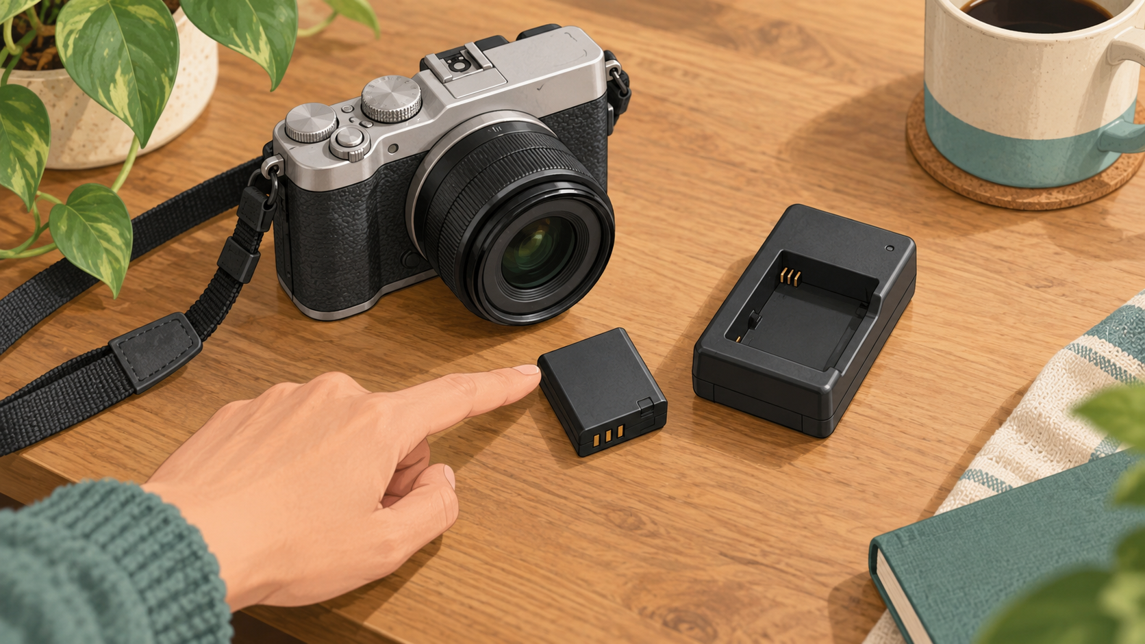 中古カメラの仕入れ前にバッテリーと充電器の付属を一つずつ確認するイメージ