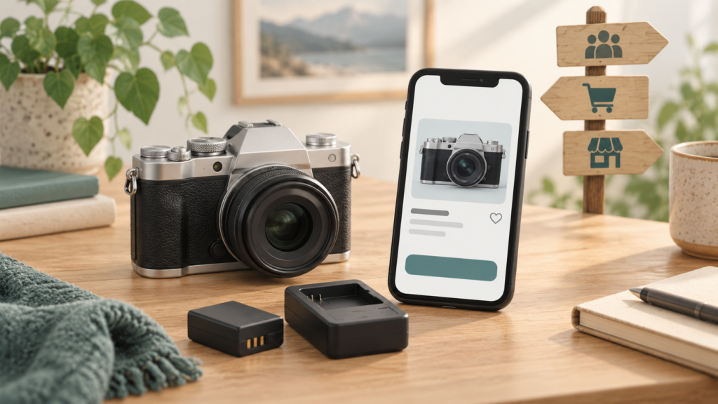 クラシックな外観のカメラと販売用スマートフォン、バッテリー・充電器を並べたイメージ